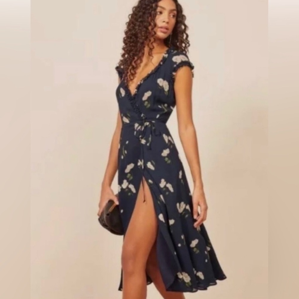 Reformation Navy Floral Wrap Midi Dress - Perfect for Summer